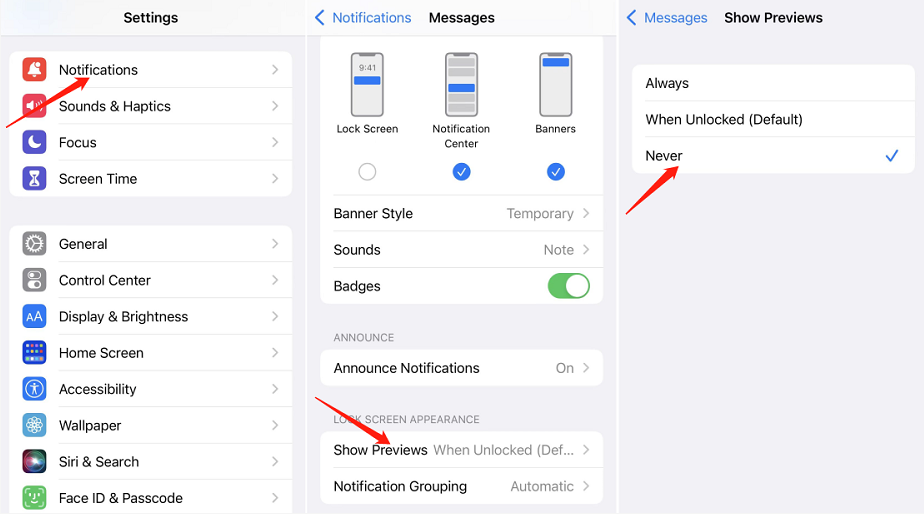 turn off privew to hide message notification iPhone